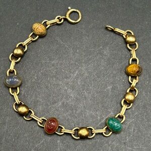VTG Egyptian Revival Gold Filled Scarab Genuine Stone Bracelet, 7"